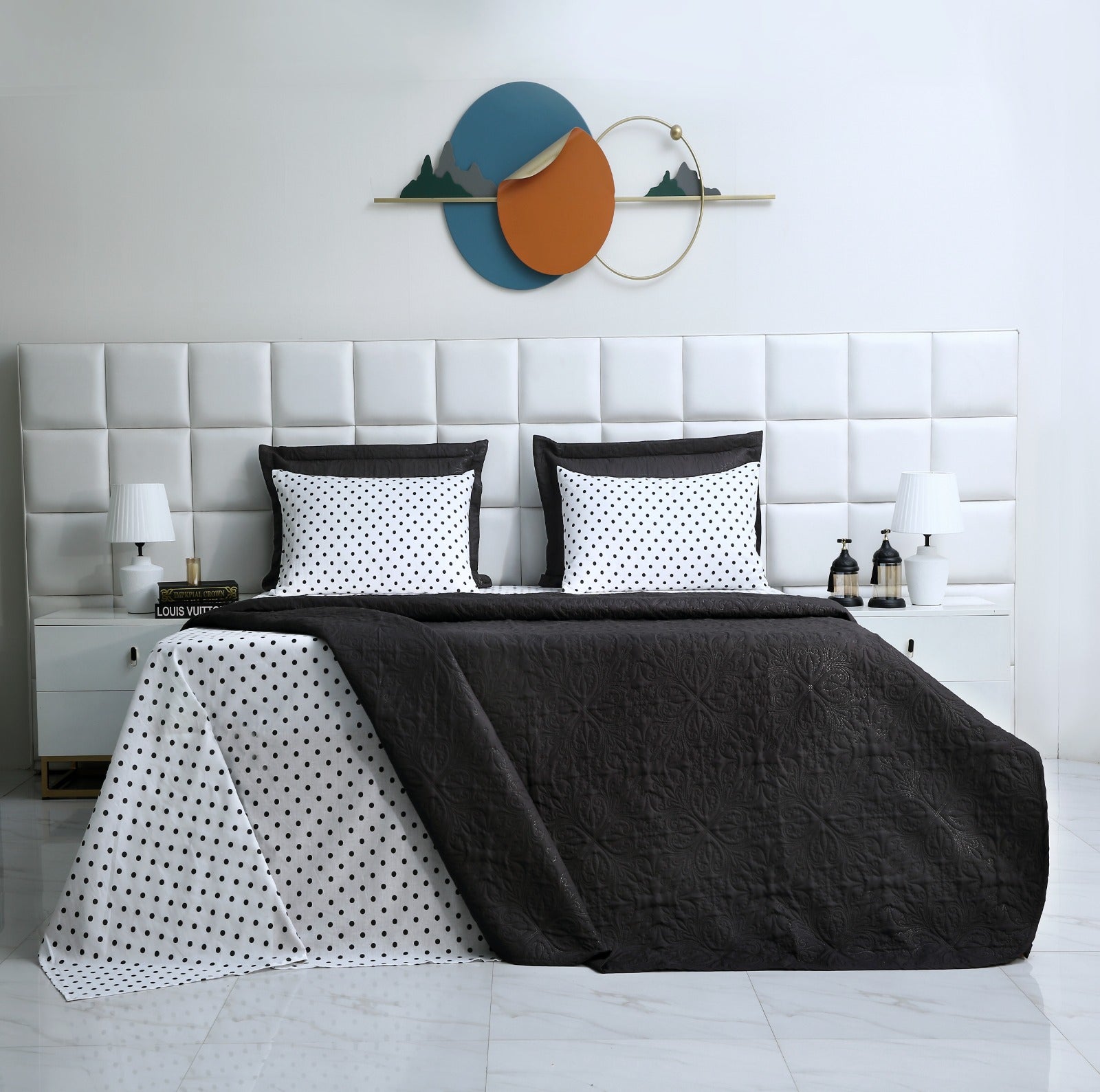 6 PCs Dyed Bed Spread Set-Black Bold Polka Bed Spread Apricot