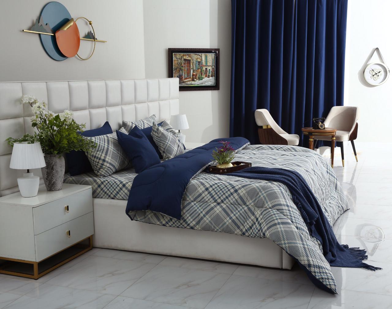 8 PCs Winter Comforter Set-Blue Check