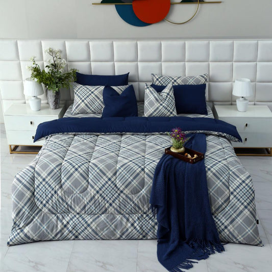 8 PCs Winter Comforter Set-Blue Check