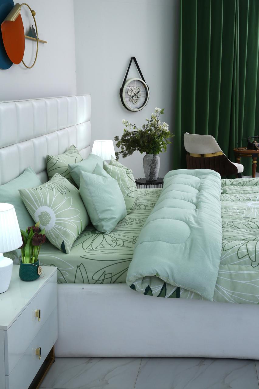 8 PCs Winter Comforter Set-Sage Green Flowers Comforters Apricot