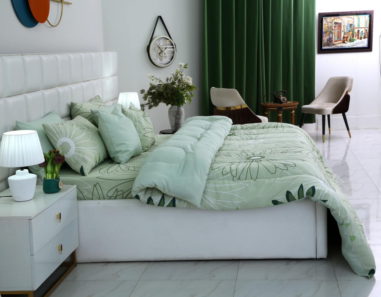 8 PCs Winter Comforter Set-Sage Green Flowers Comforters Apricot