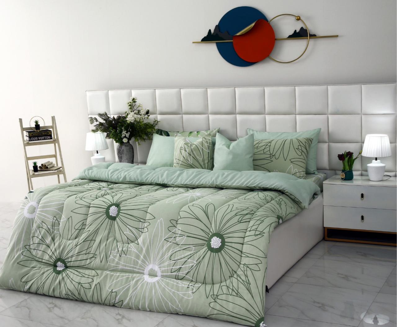 8 PCs Winter Comforter Set-Sage Green Flowers Comforters Apricot