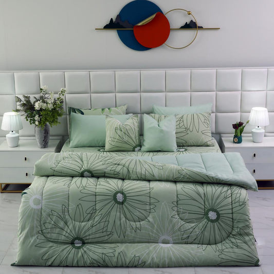 8 PCs Winter Comforter Set-Sage Green Flowers Comforters Apricot