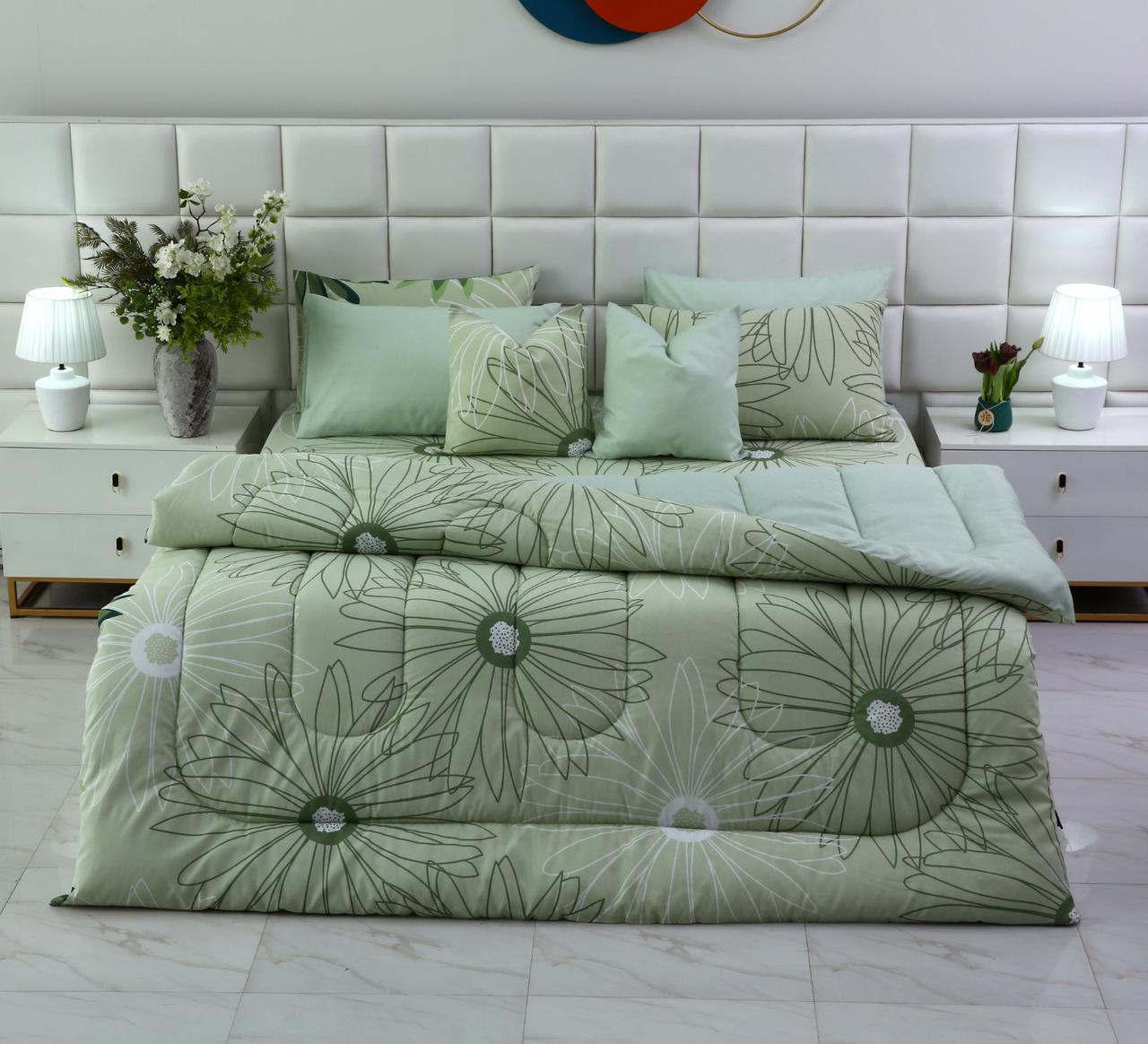 8 PCs Winter Comforter Set-Sage Green Flowers Comforters Apricot