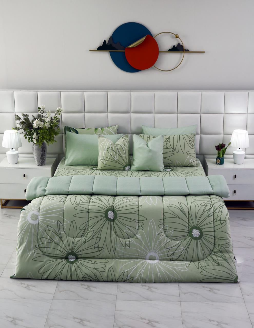 8 PCs Winter Comforter Set-Sage Green Flowers Comforters Apricot