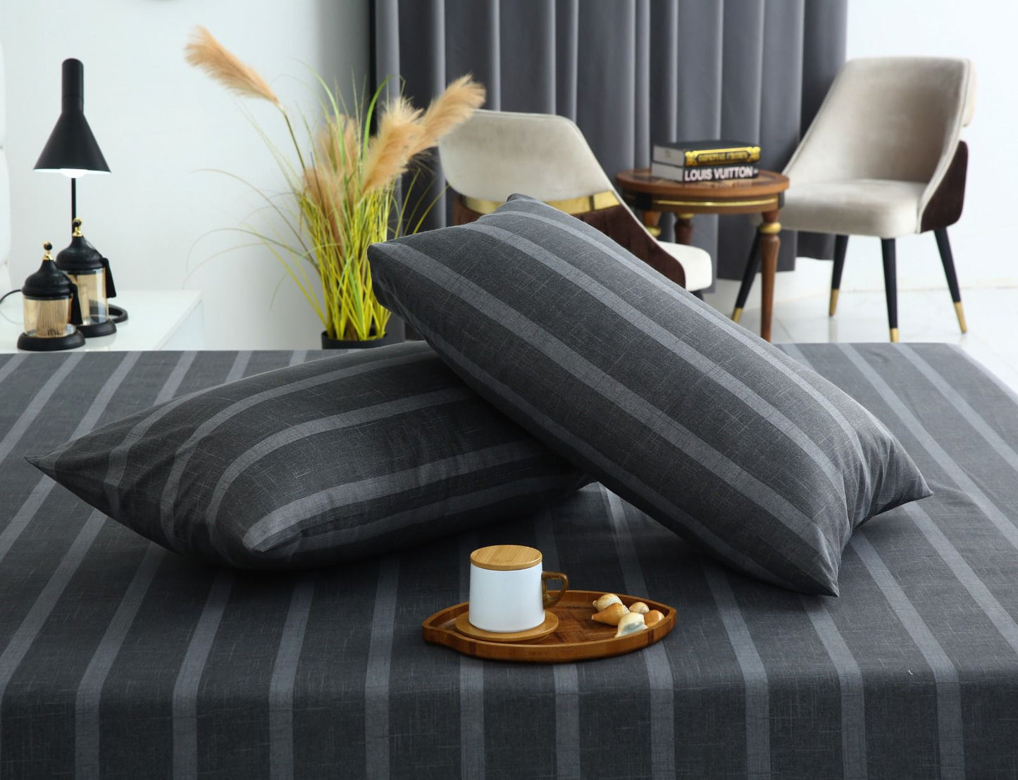 Fitted Bed Sheet- Ash Grey Stripes Fitted Sheets Apricot