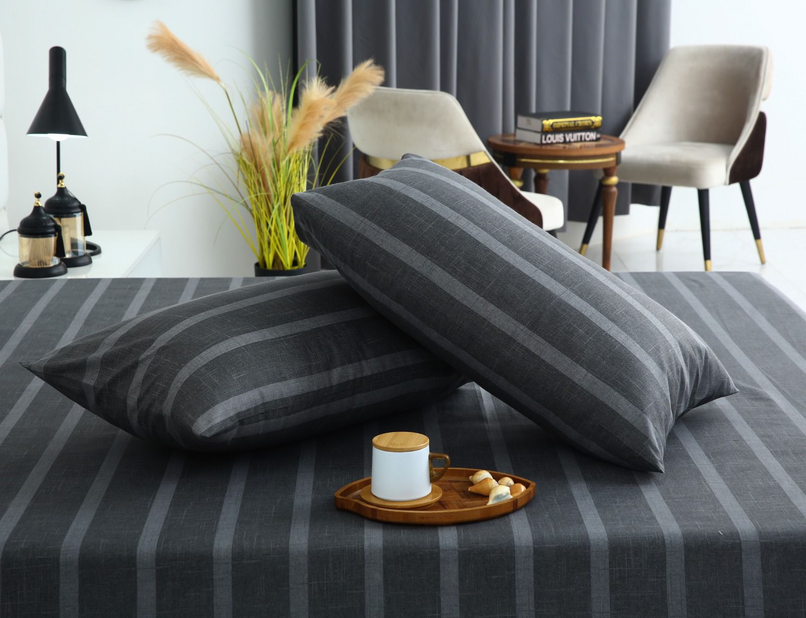 Fitted Bed Sheet- Ash Grey Stripes Fitted Sheets Apricot