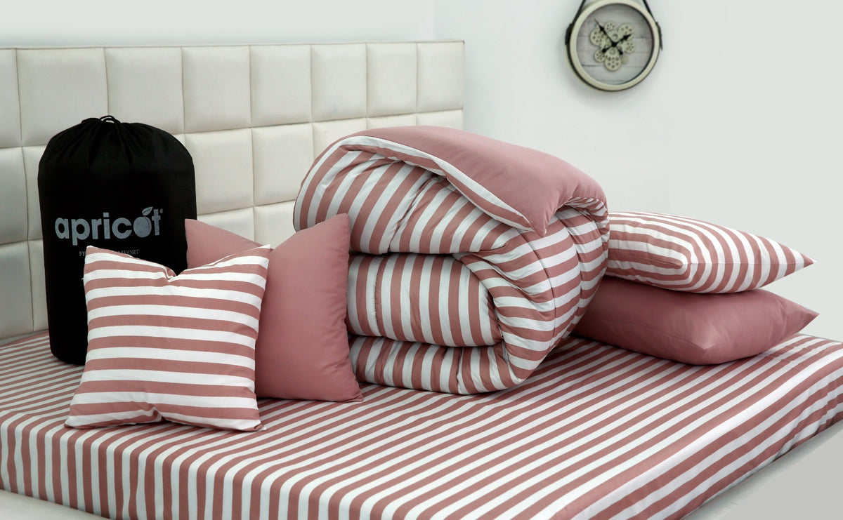 8 PCs Winter Razai Set- Rose Pink Stripes Comforters Apricot