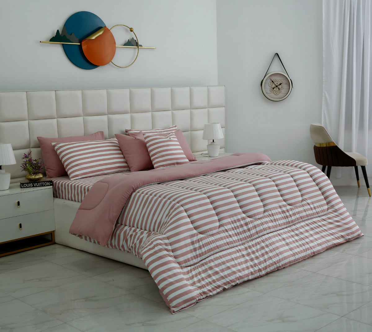 8 PCs Winter Razai Set- Rose Pink Stripes Comforters Apricot