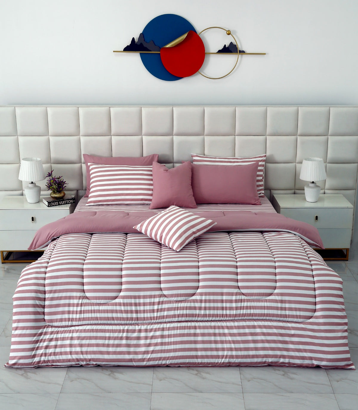 8 PCs Winter Razai Set- Rose Pink Stripes Comforters Apricot