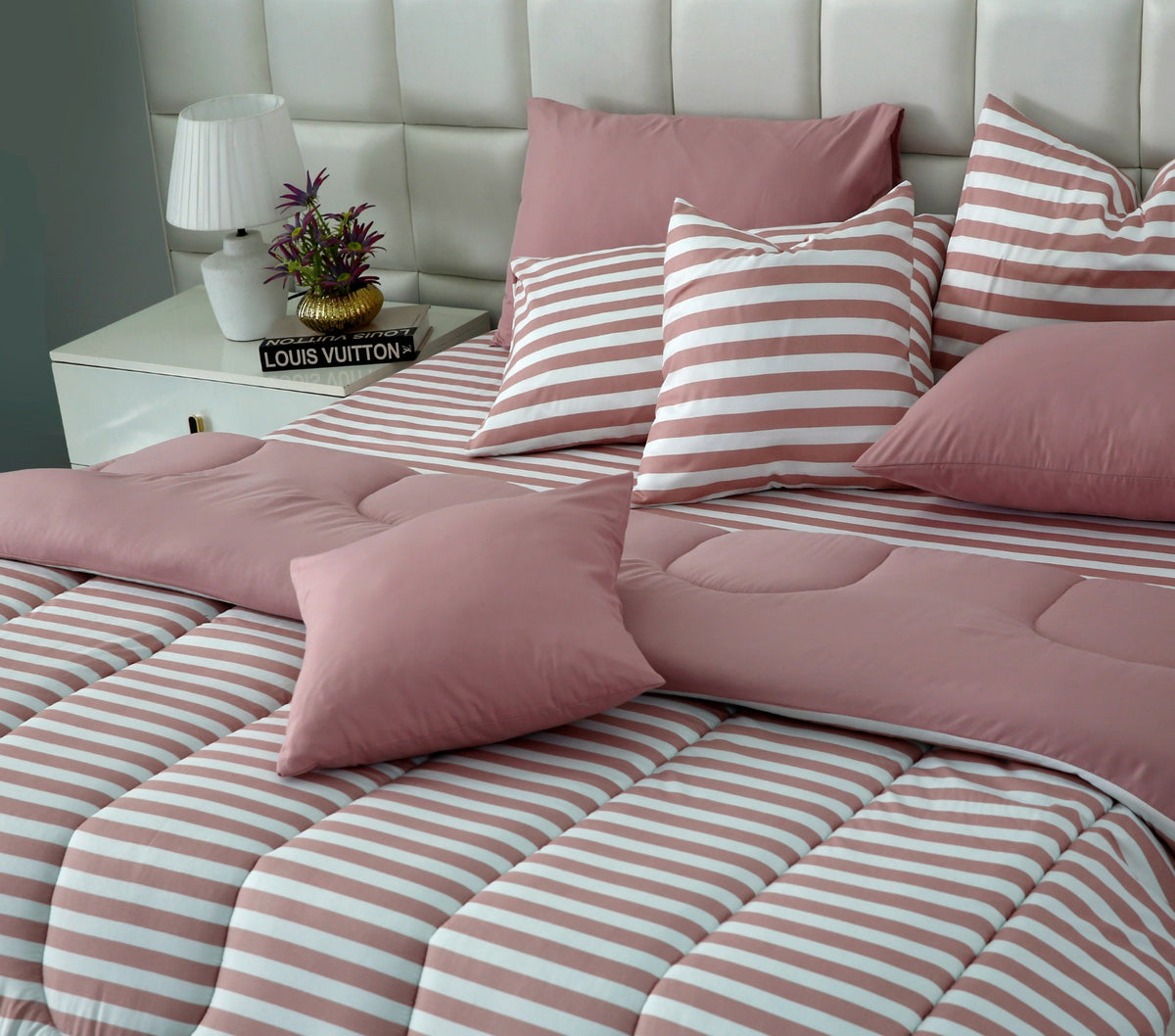 8 PCs Winter Razai Set- Rose Pink Stripes Comforters Apricot