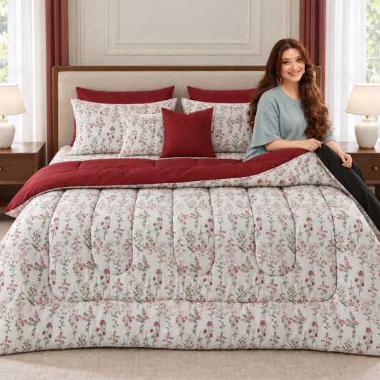 8 PCs Premium Winter Razai Set- Ruby Meadow Comforters Apricot
