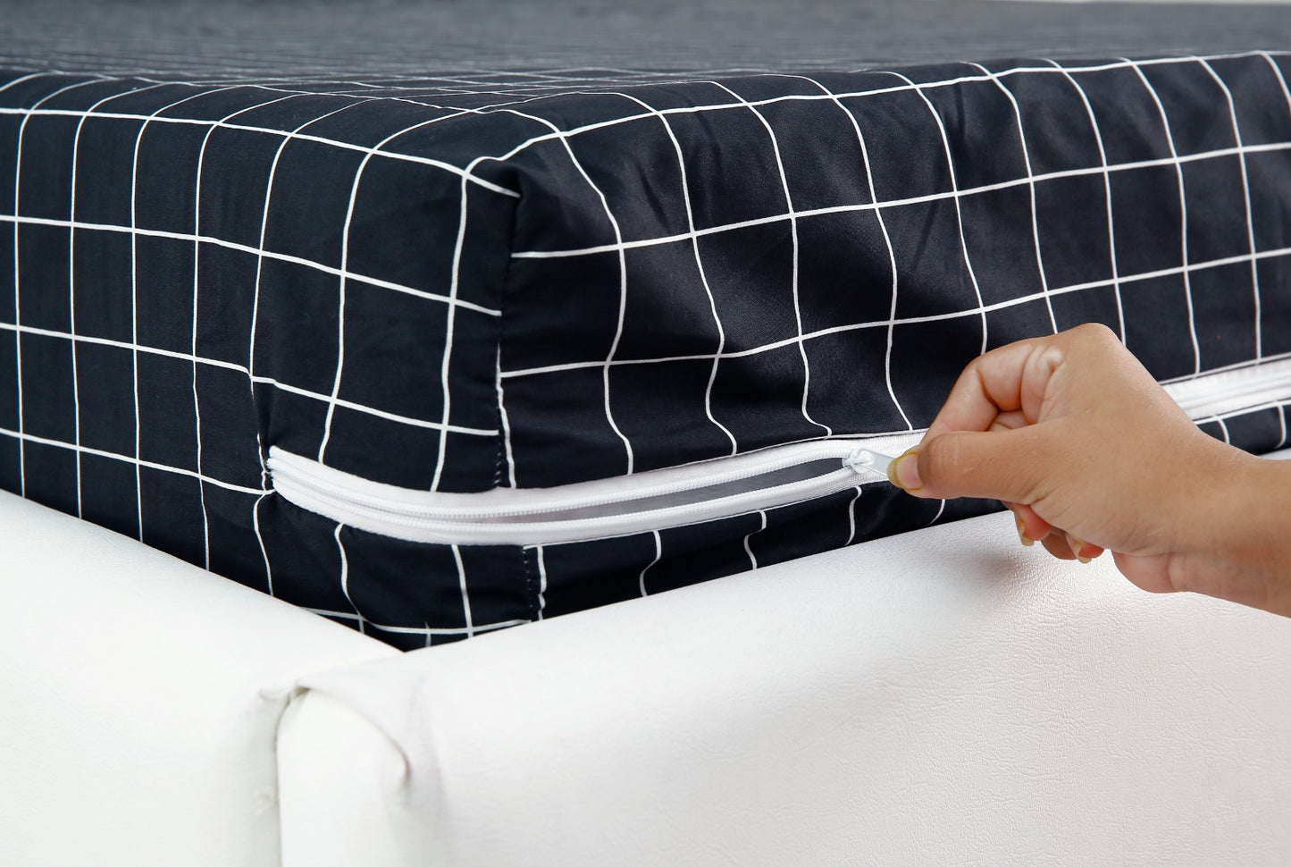 Zipper Mattress Cover Printed-Black Check Protectors Apricot   