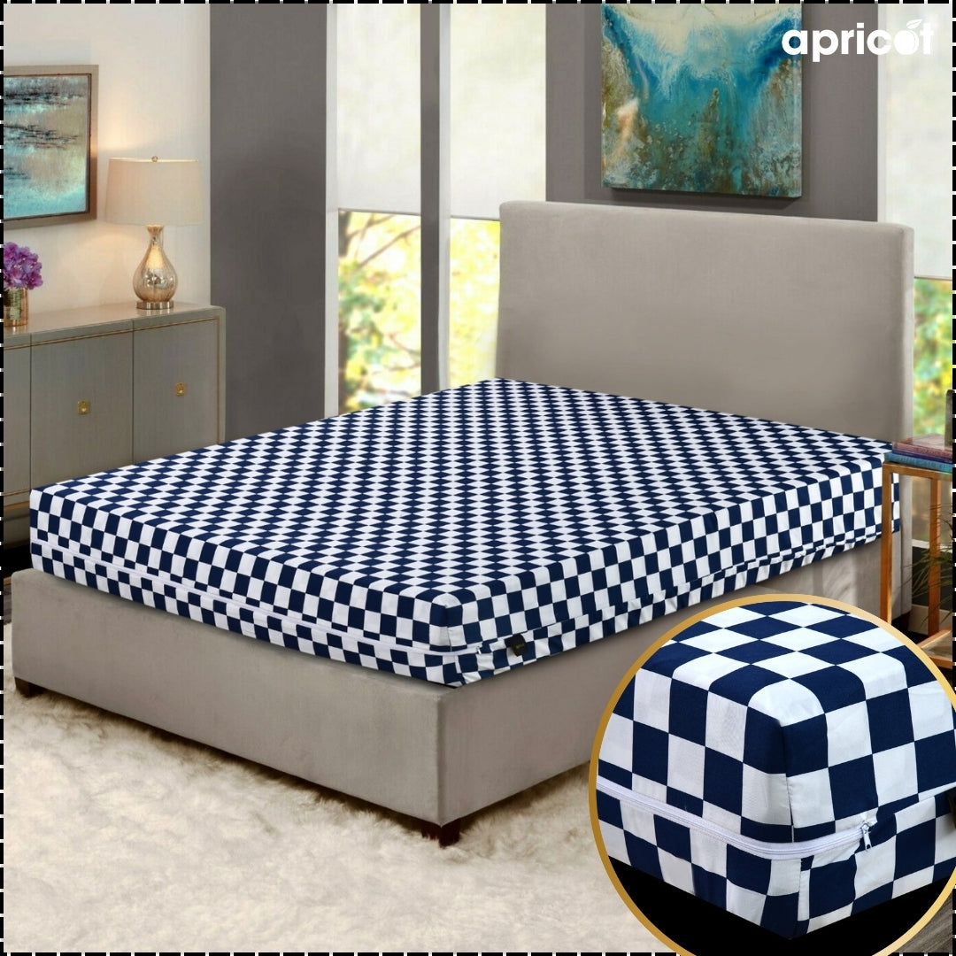 Zipper Mattress Cover Printed-Blue Chess Apricot