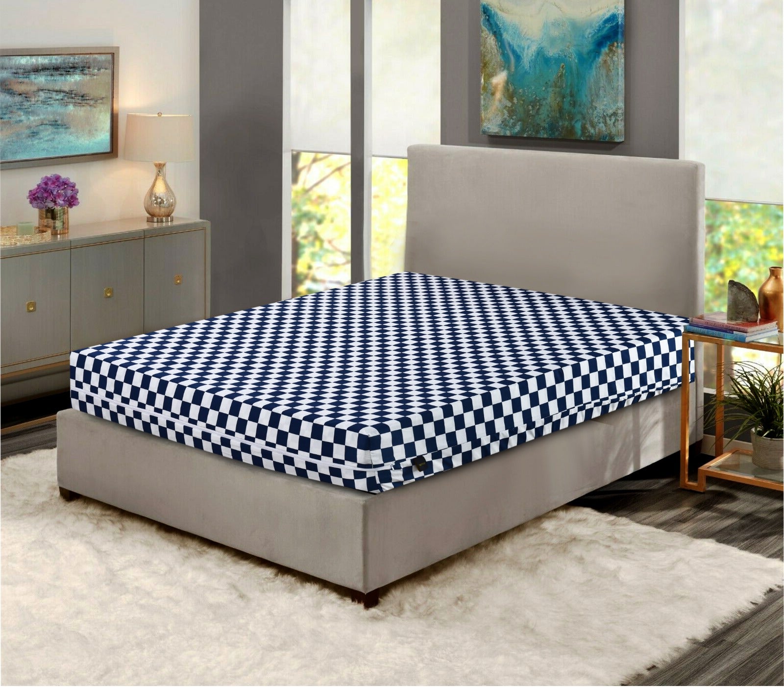 Zipper Mattress Cover Printed-Blue Chess Apricot