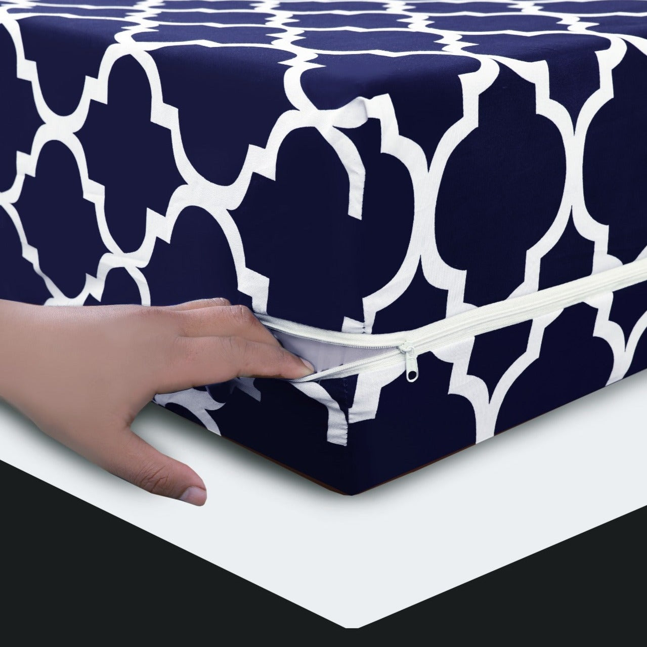 Zipper Mattress Cover Printed-Blue Geometric Apricot