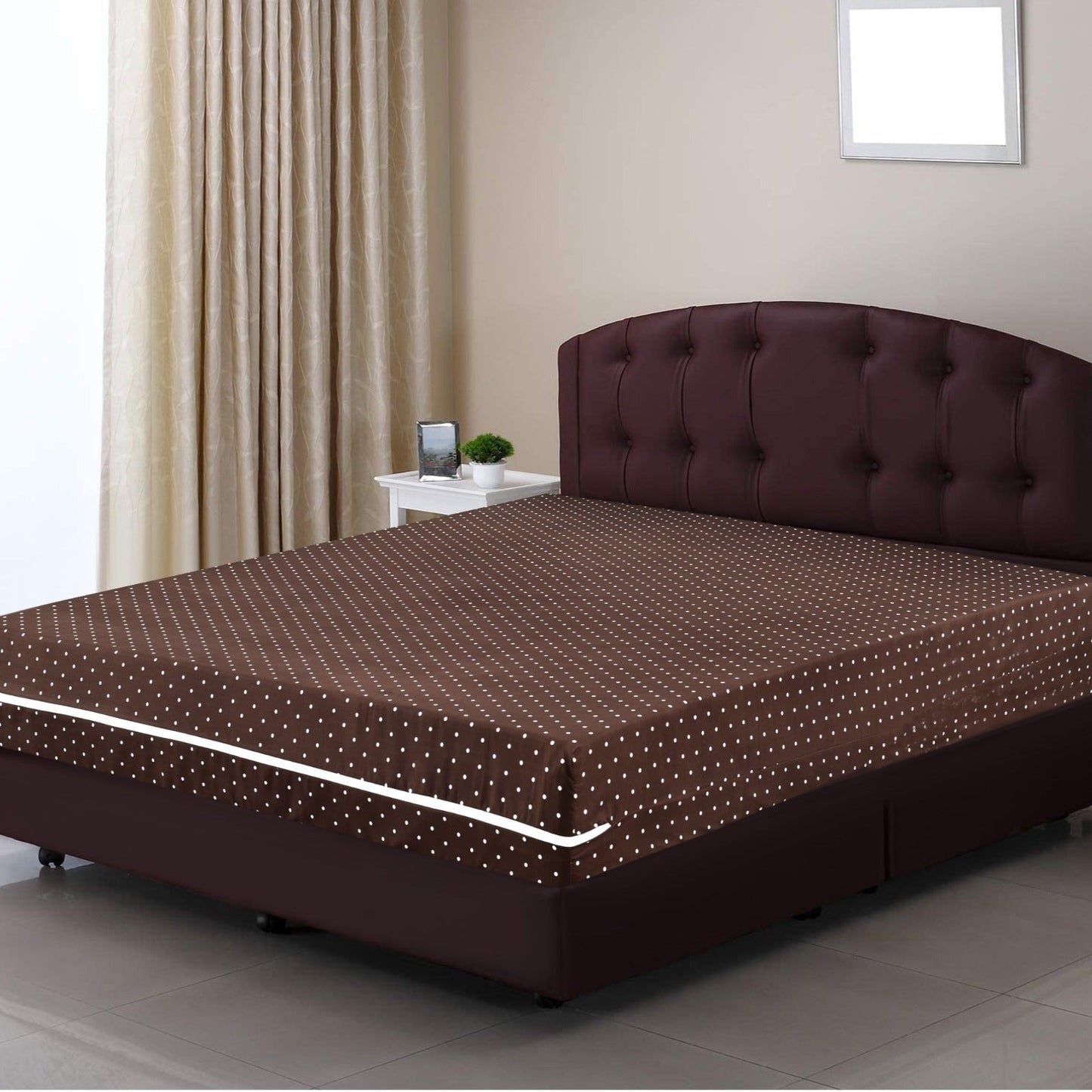 Zipper Mattress Cover Printed-Brown Polka Protectors Apricot   