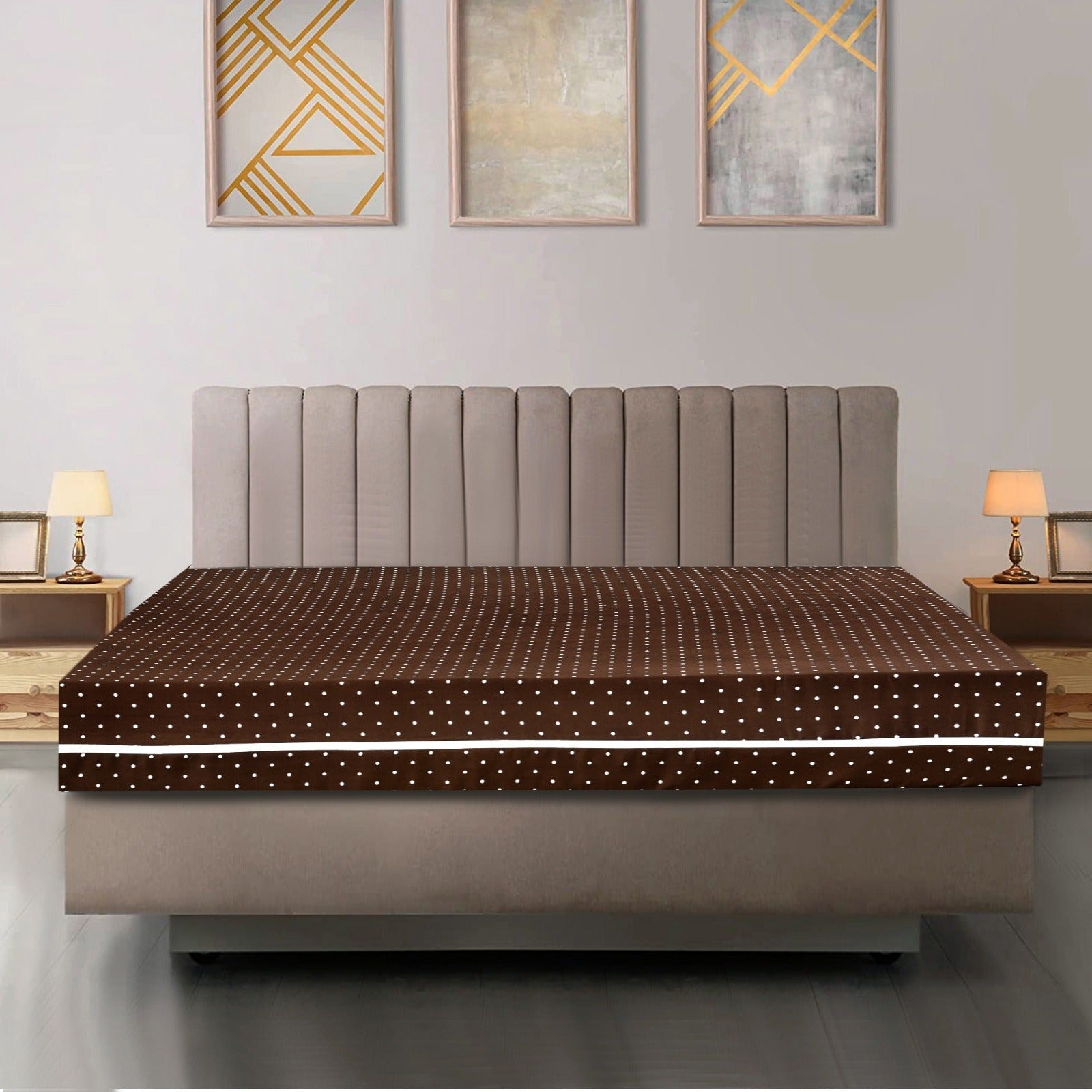 Zipper Mattress Cover Printed-Brown Polka Protectors Apricot   