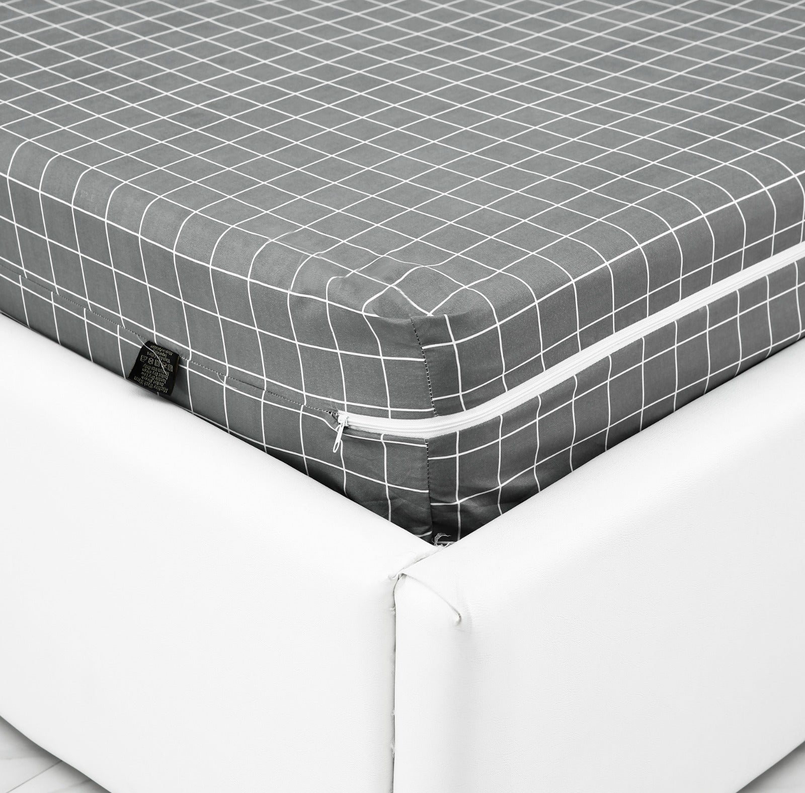 Zipper Mattress Cover Printed-Grey Check Protectors Apricot   