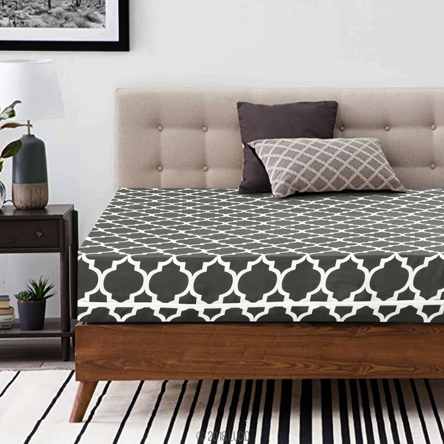 Zipper Mattress Cover Printed-Grey Geometric Apricot