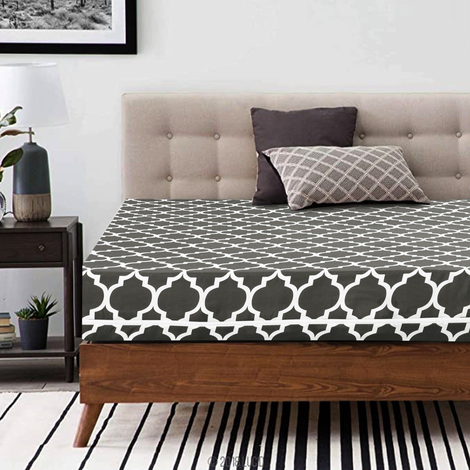 Zipper Mattress Cover Printed-Grey Geometric Protectors Apricot   