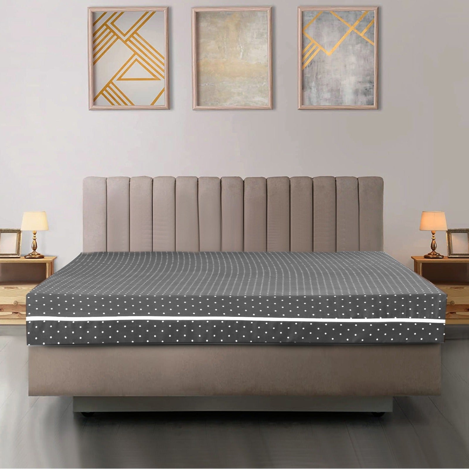 Zipper Mattress Cover Printed-Grey Polka Apricot