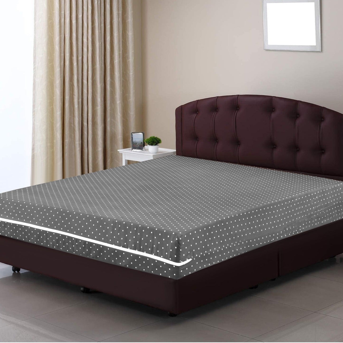 Zipper Mattress Cover Printed-Grey Polka Apricot