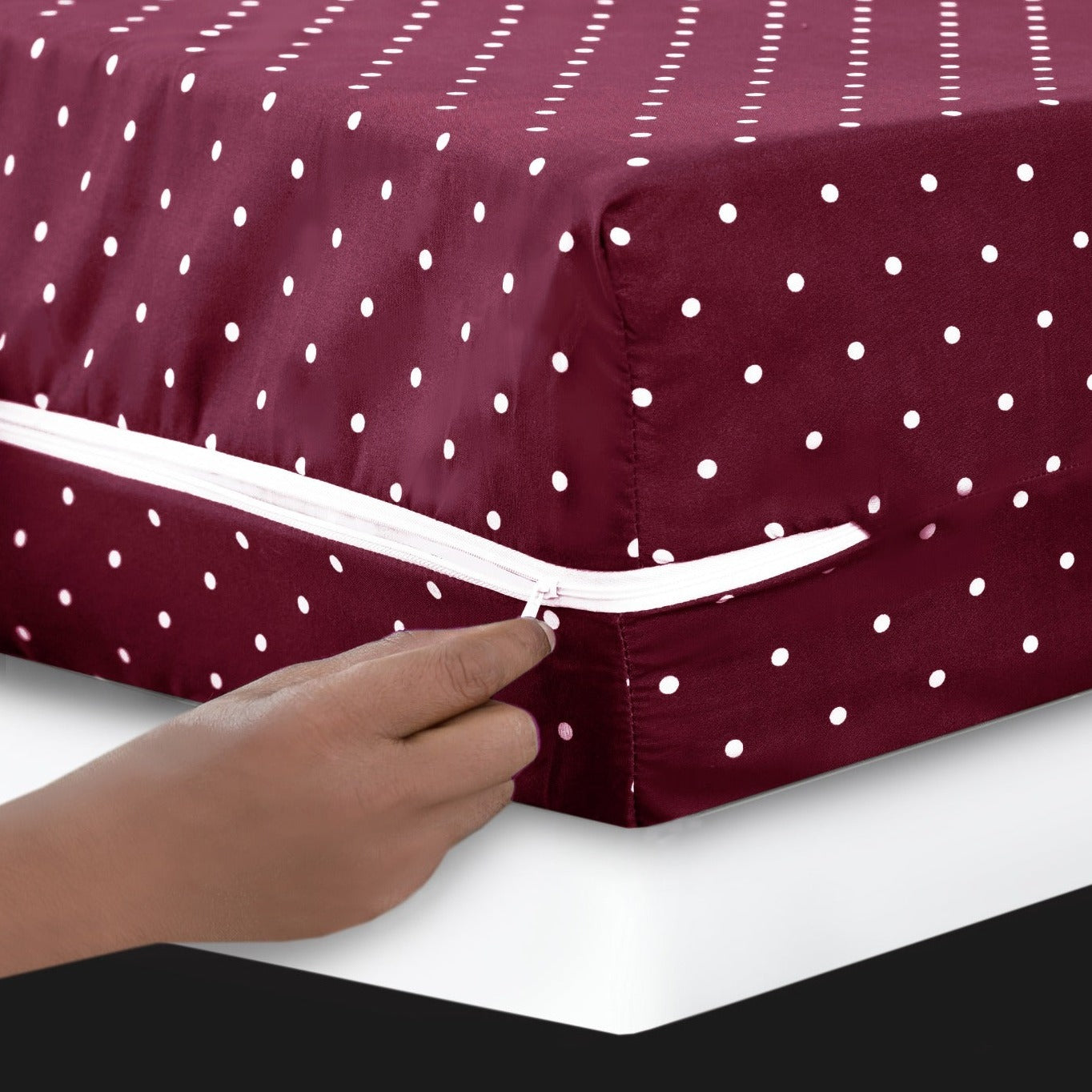 Zipper Mattress Cover Printed-Maroon Polka Apricot