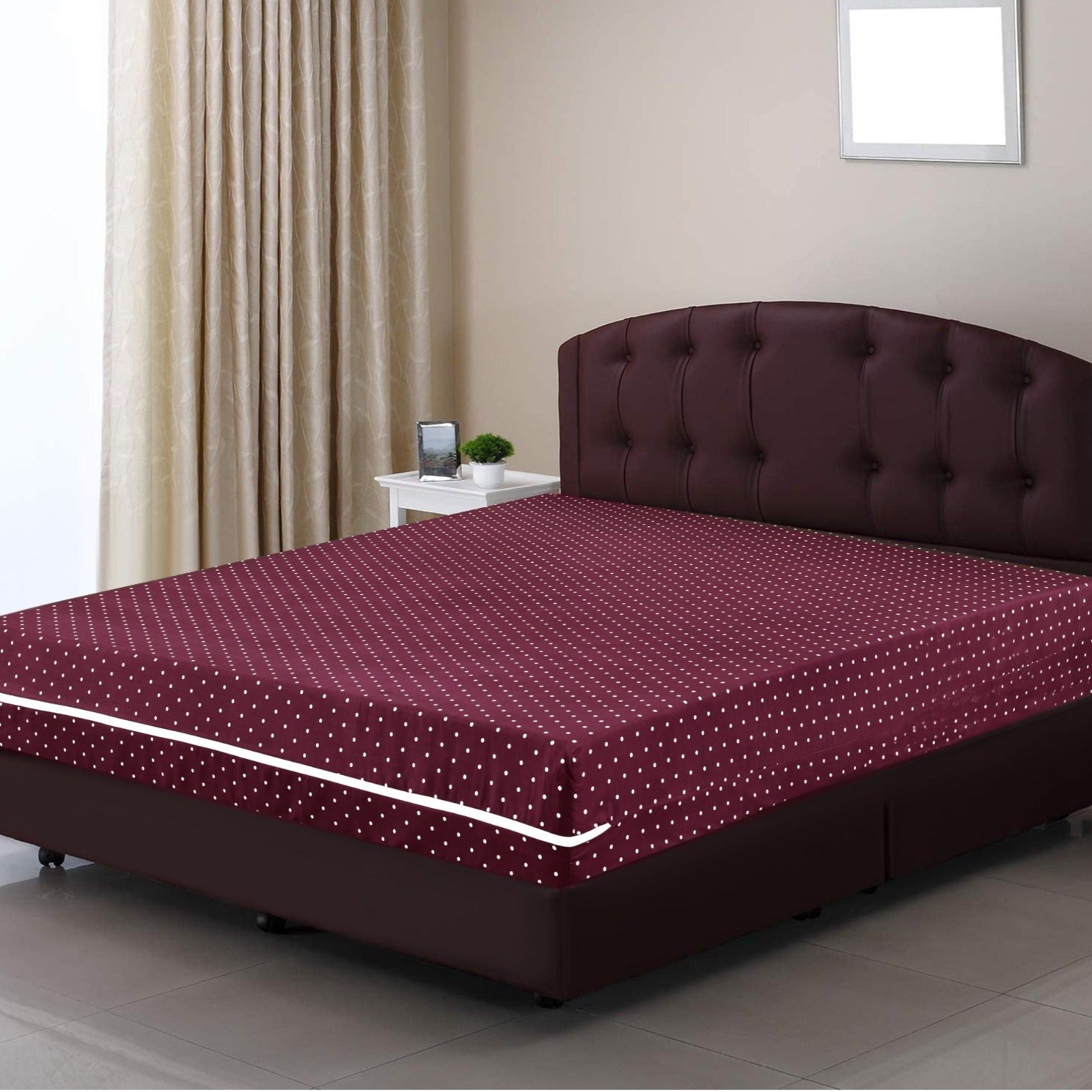 Zipper Mattress Cover Printed-Maroon Polka Apricot