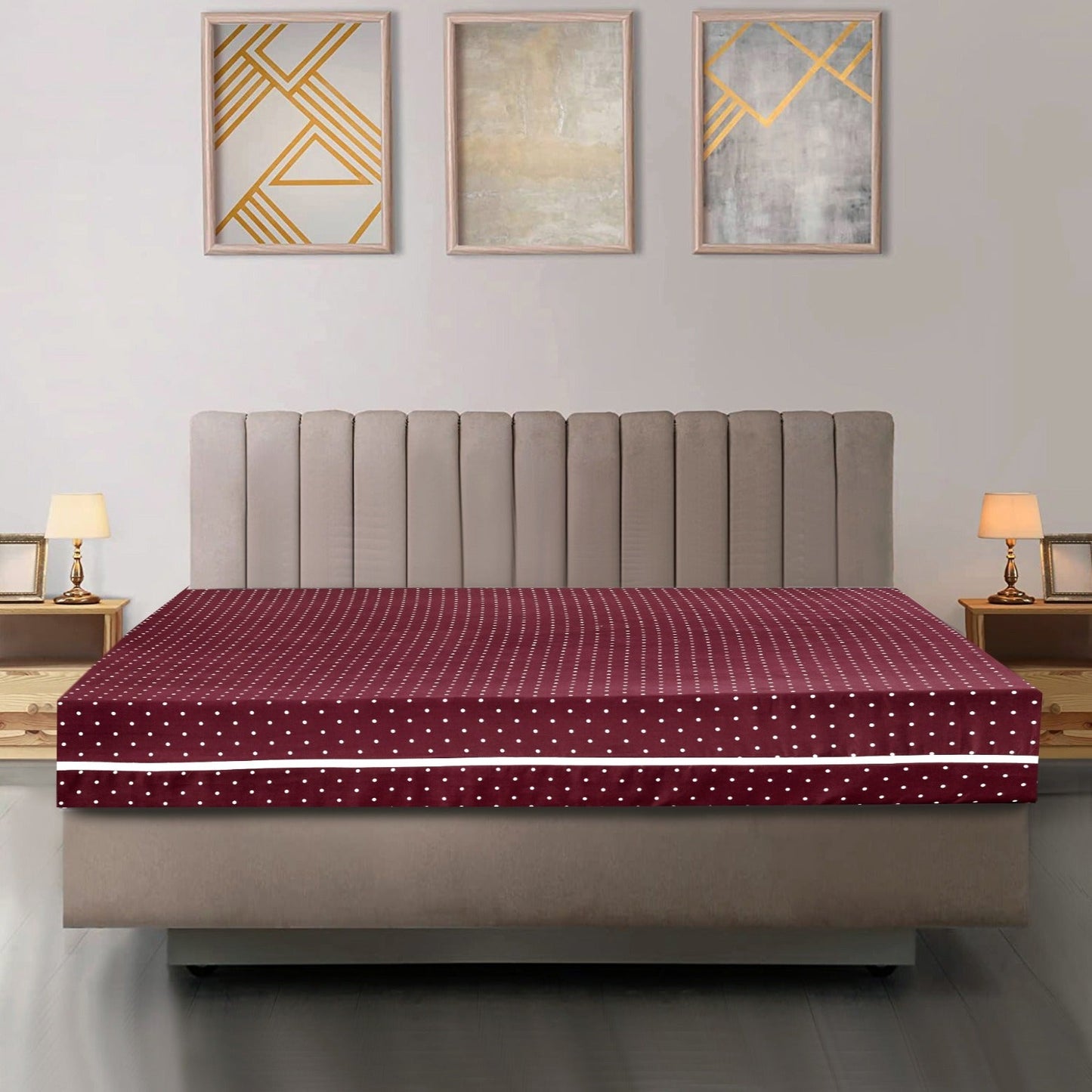 Zipper Mattress Cover Printed-Maroon Polka Apricot