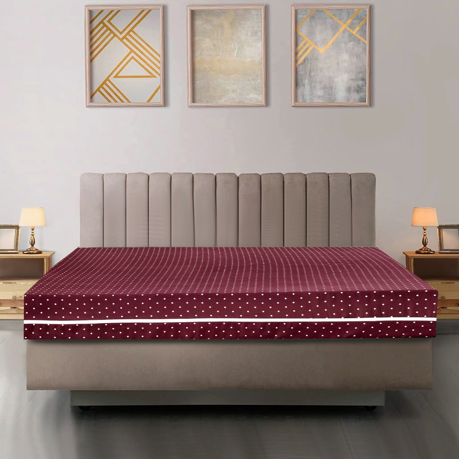 Zipper Mattress Cover Printed-Maroon Polka Protectors Apricot   