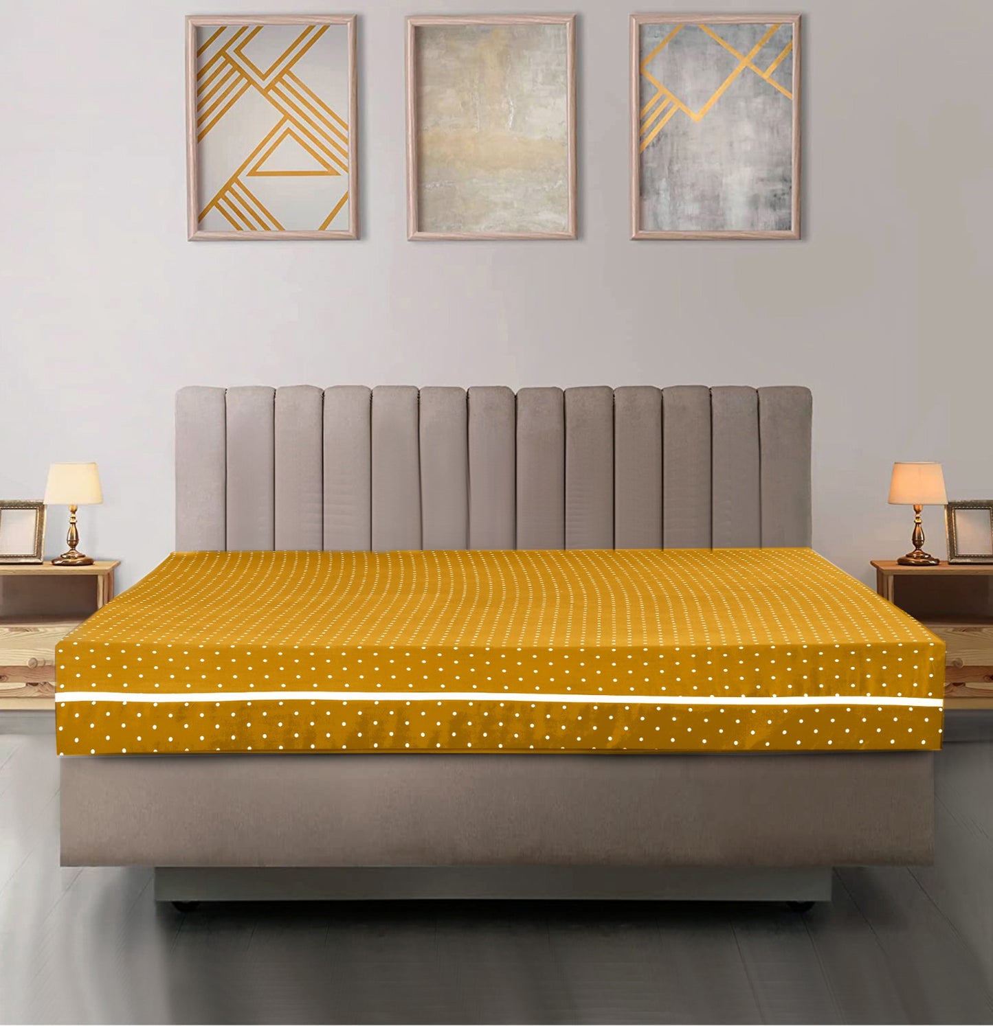 Zipper Mattress Cover Printed-Mustard Polka Protectors Apricot   