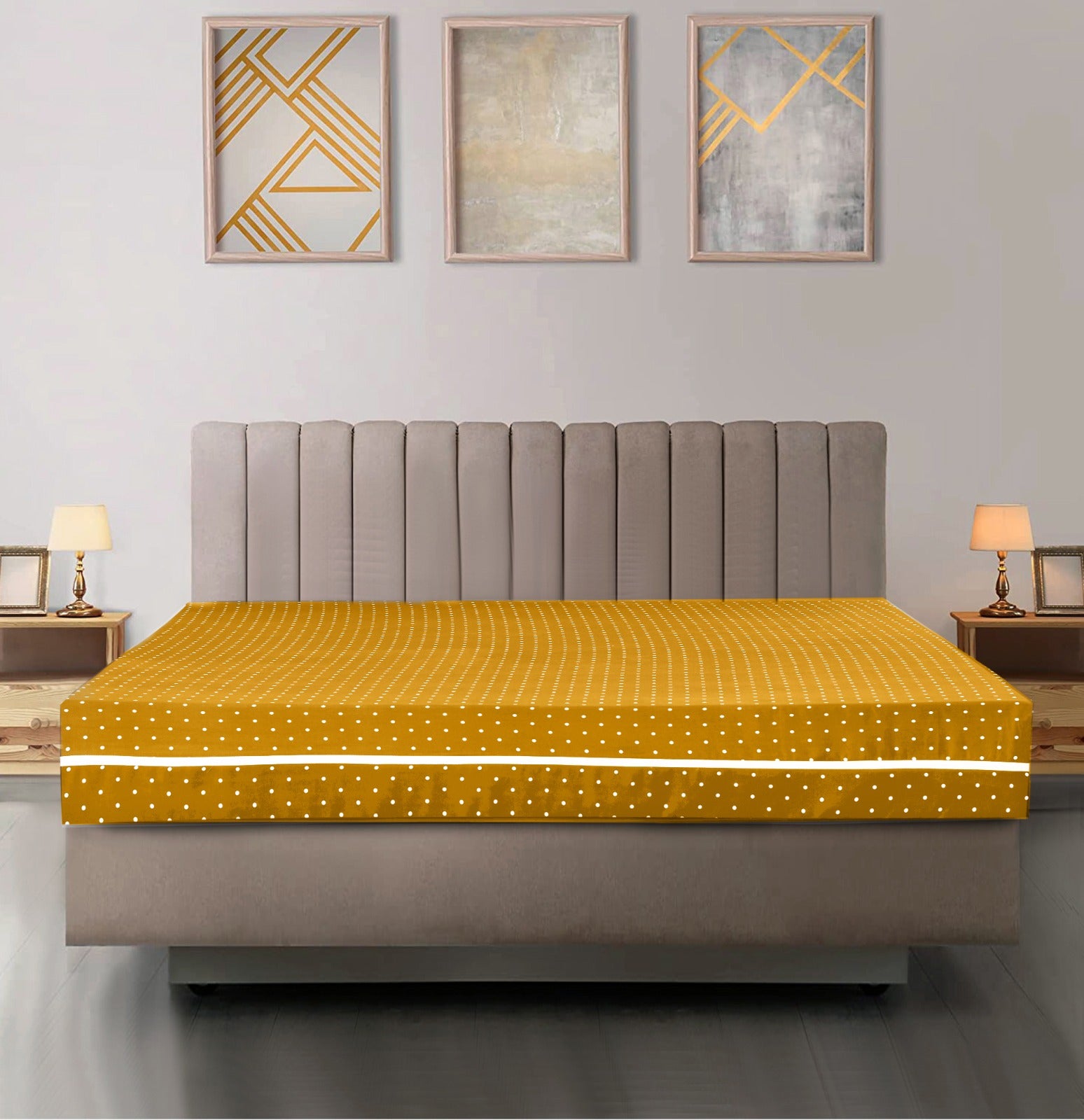 Zipper Mattress Cover Printed-Mustard Polka Apricot