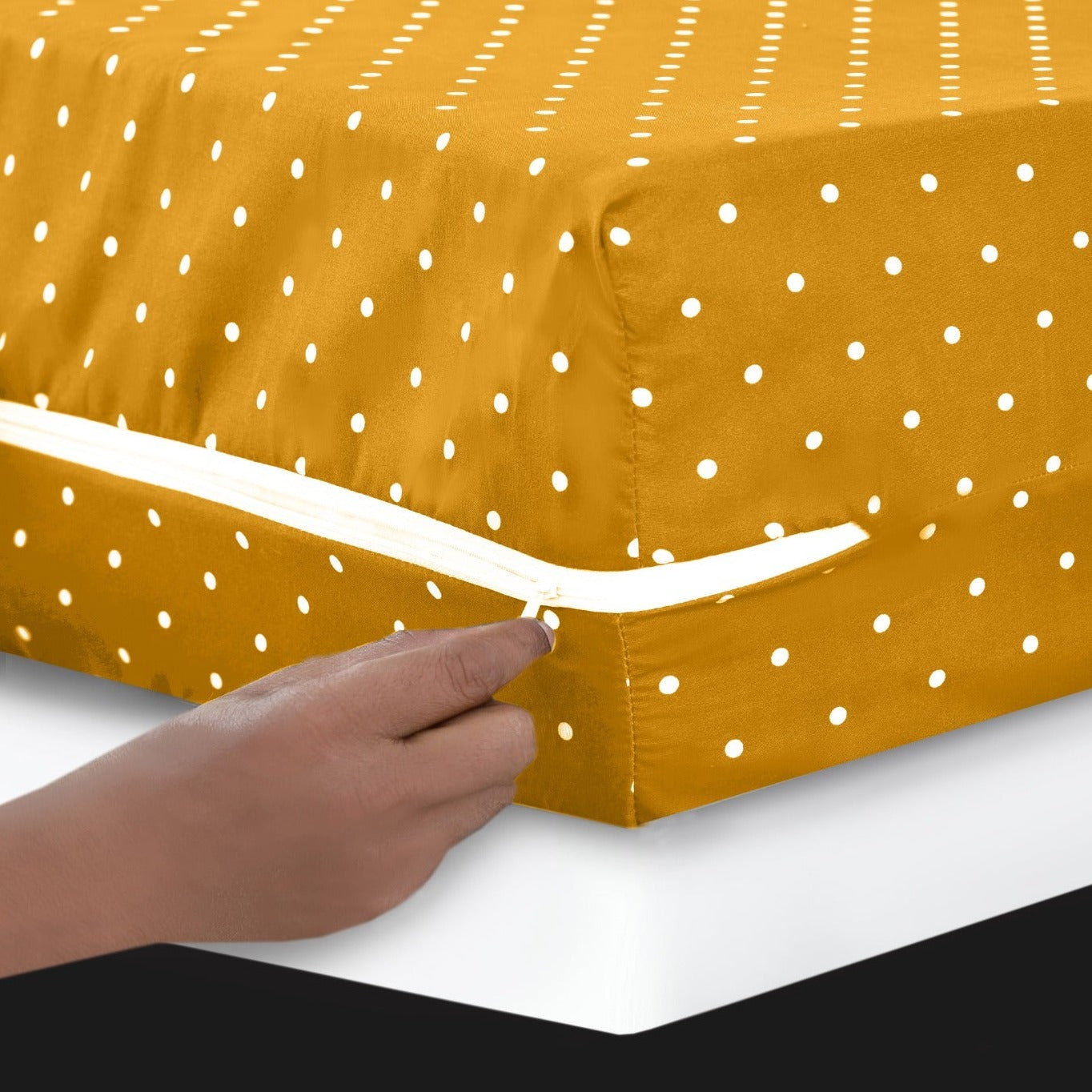 Zipper Mattress Cover Printed-Mustard Polka Apricot