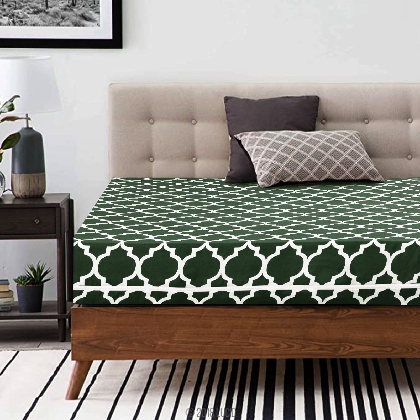 Zipper Mattress Cover Printed-Olive Geometric Apricot