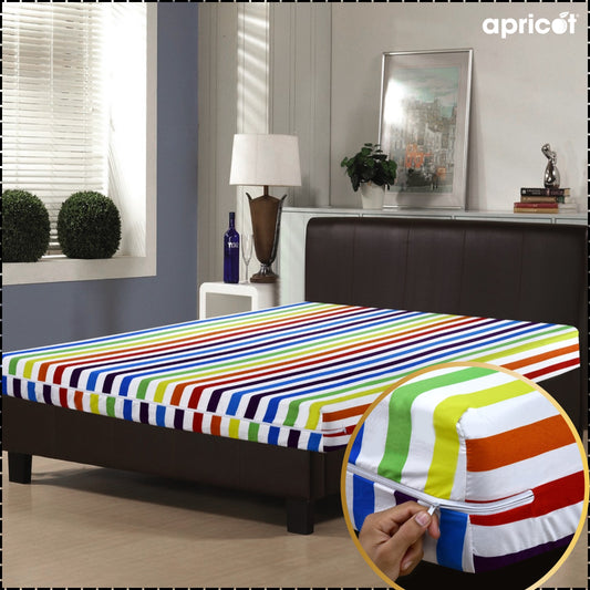 Zipper Mattress Cover Printed-Rainbow Stripes Apricot