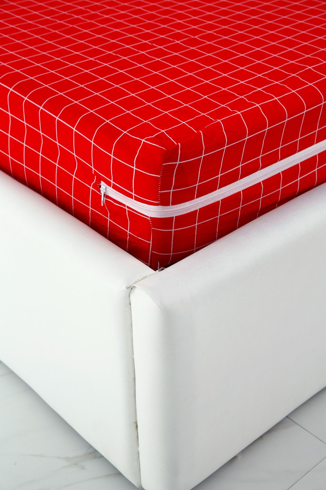 Zipper Mattress Cover Printed-Red Check Protectors Apricot   