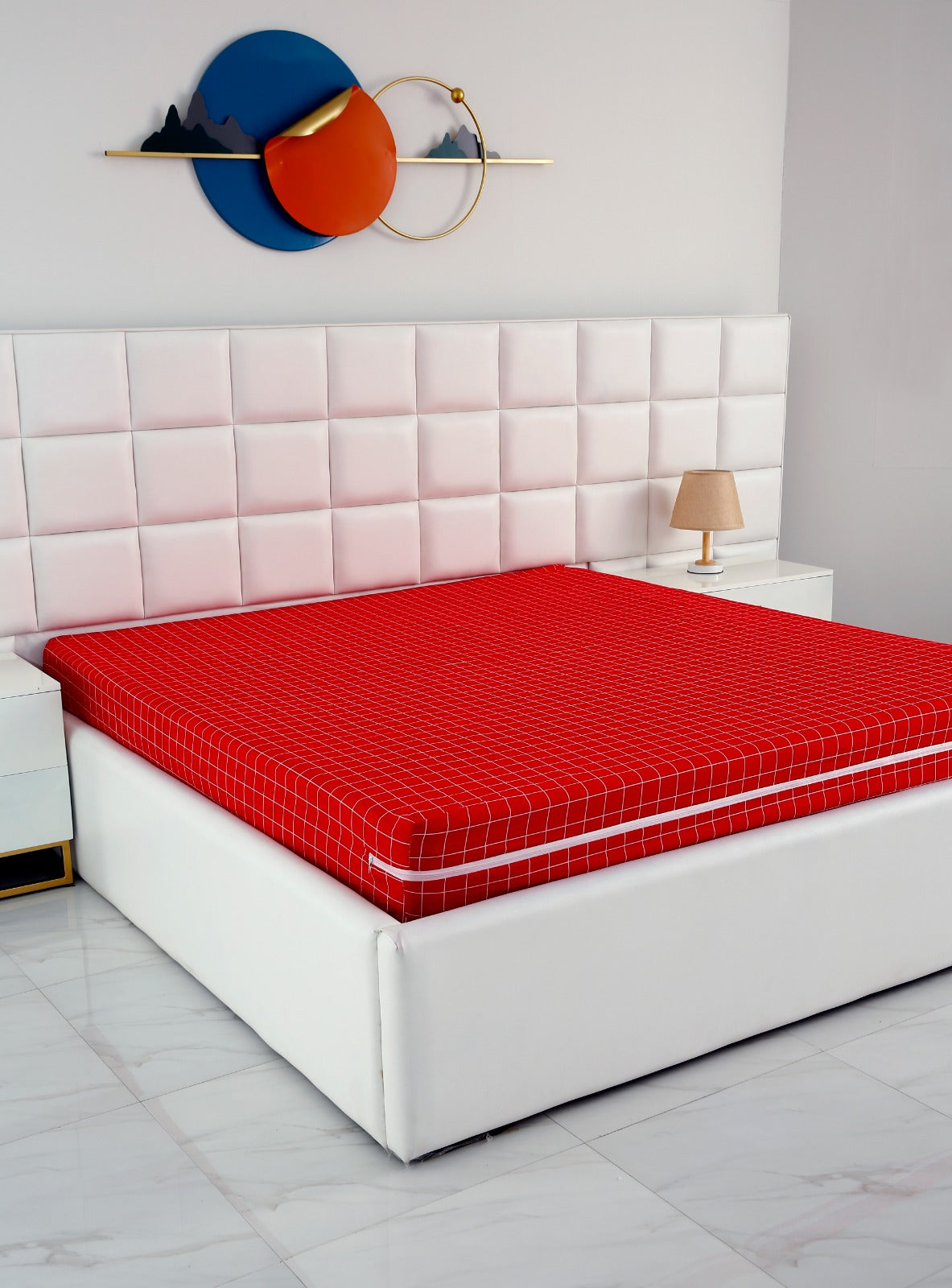 Zipper Mattress Cover Printed-Red Check Protectors Apricot   