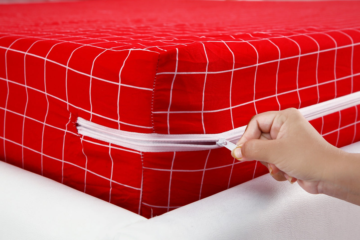 Zipper Mattress Cover Printed-Red Check Protectors Apricot   