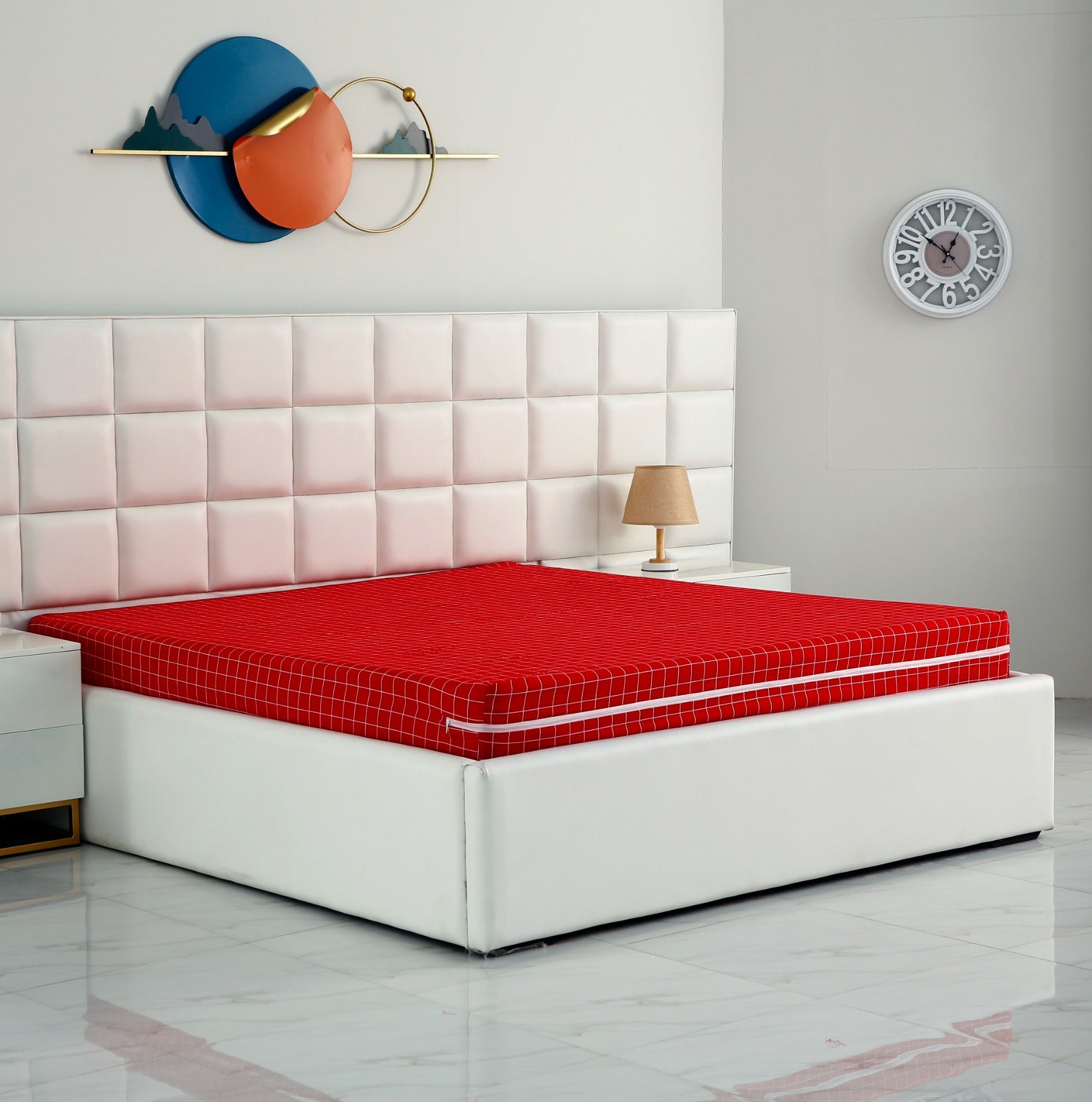 Zipper Mattress Cover Printed-Red Check Protectors Apricot   