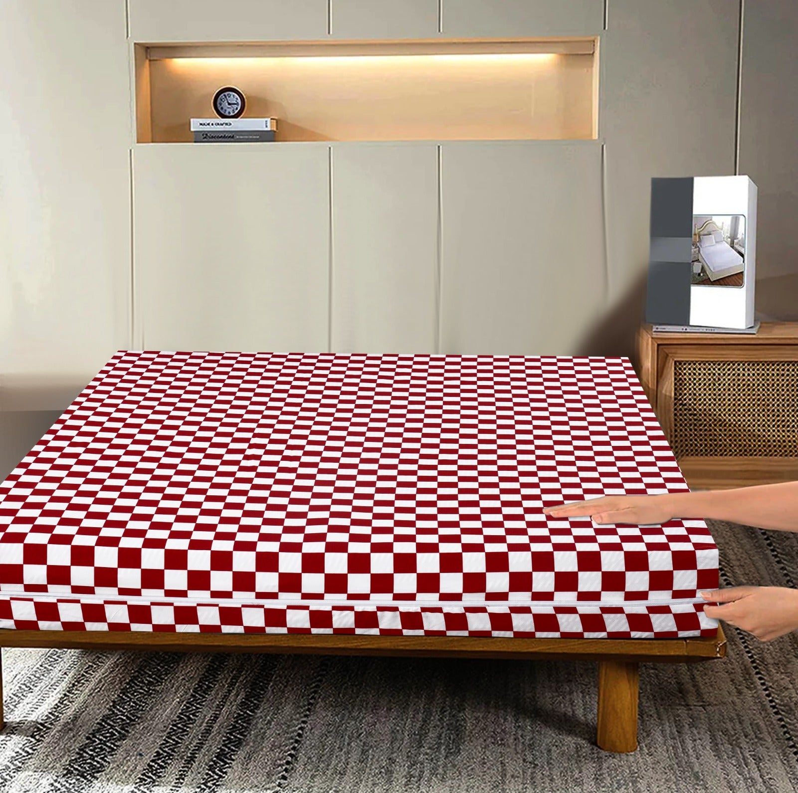 Zipper Mattress Cover Printed-Red Chess Apricot
