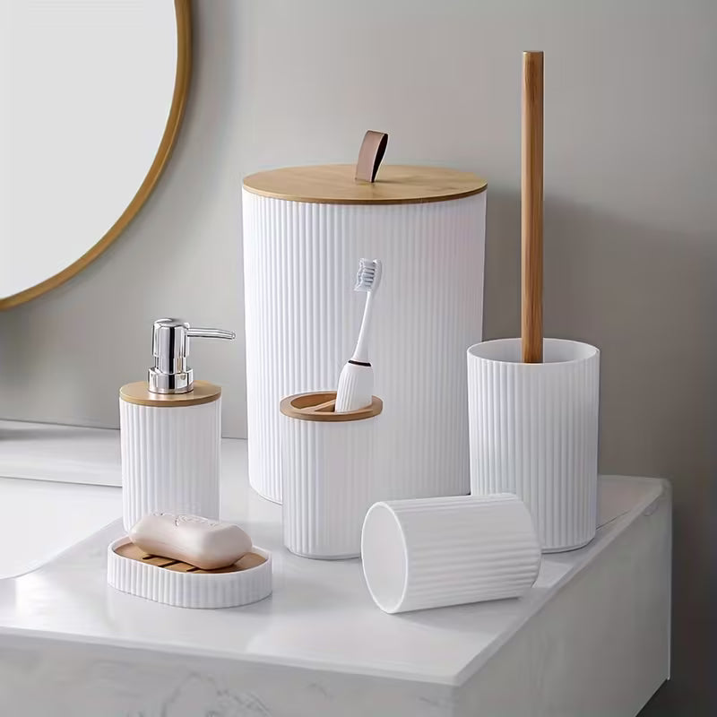 Wooden Lid PVC Bathroom Accessory Set-Stripes With Close Lid(White)SA2512-02 Bathroom Accessory Sets Apricot