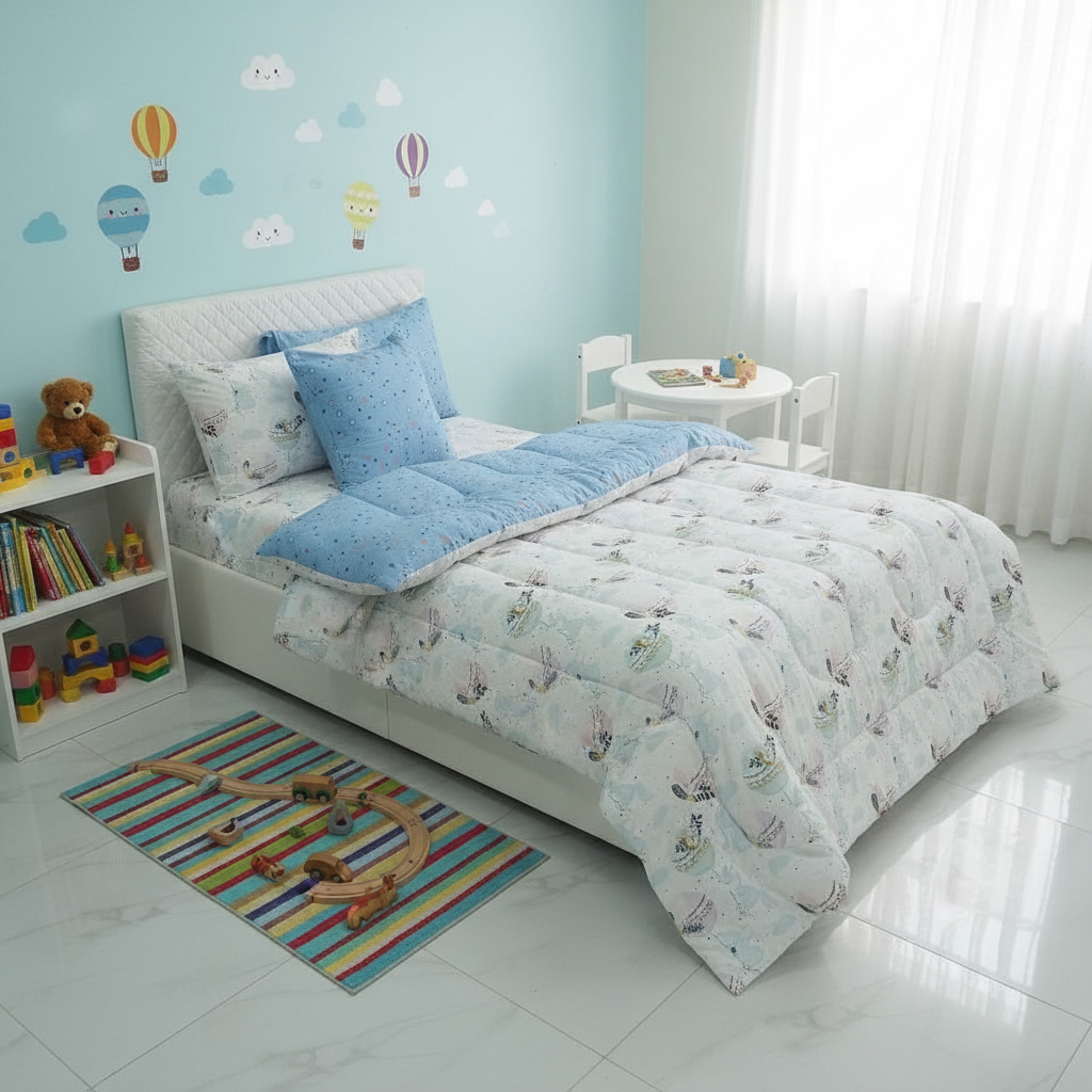 5 PCs Single Kids Razai Set-Sleeping Moon Comforters Apricot