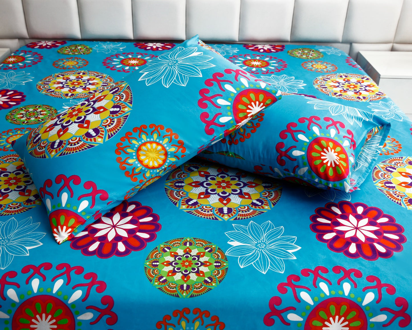 Fitted Bed Sheet-Turqoiuse Flower