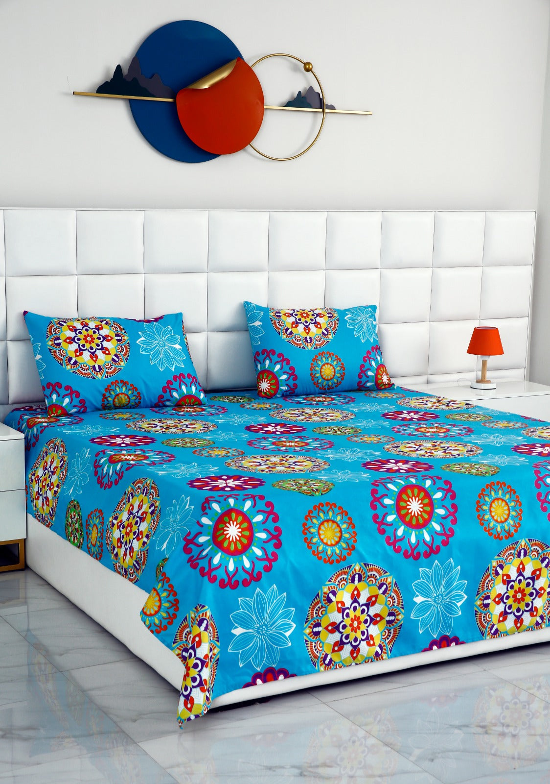 2Pcs Single Bed Sheet- 14864 Turquoise Flower single bed sheet Apricot