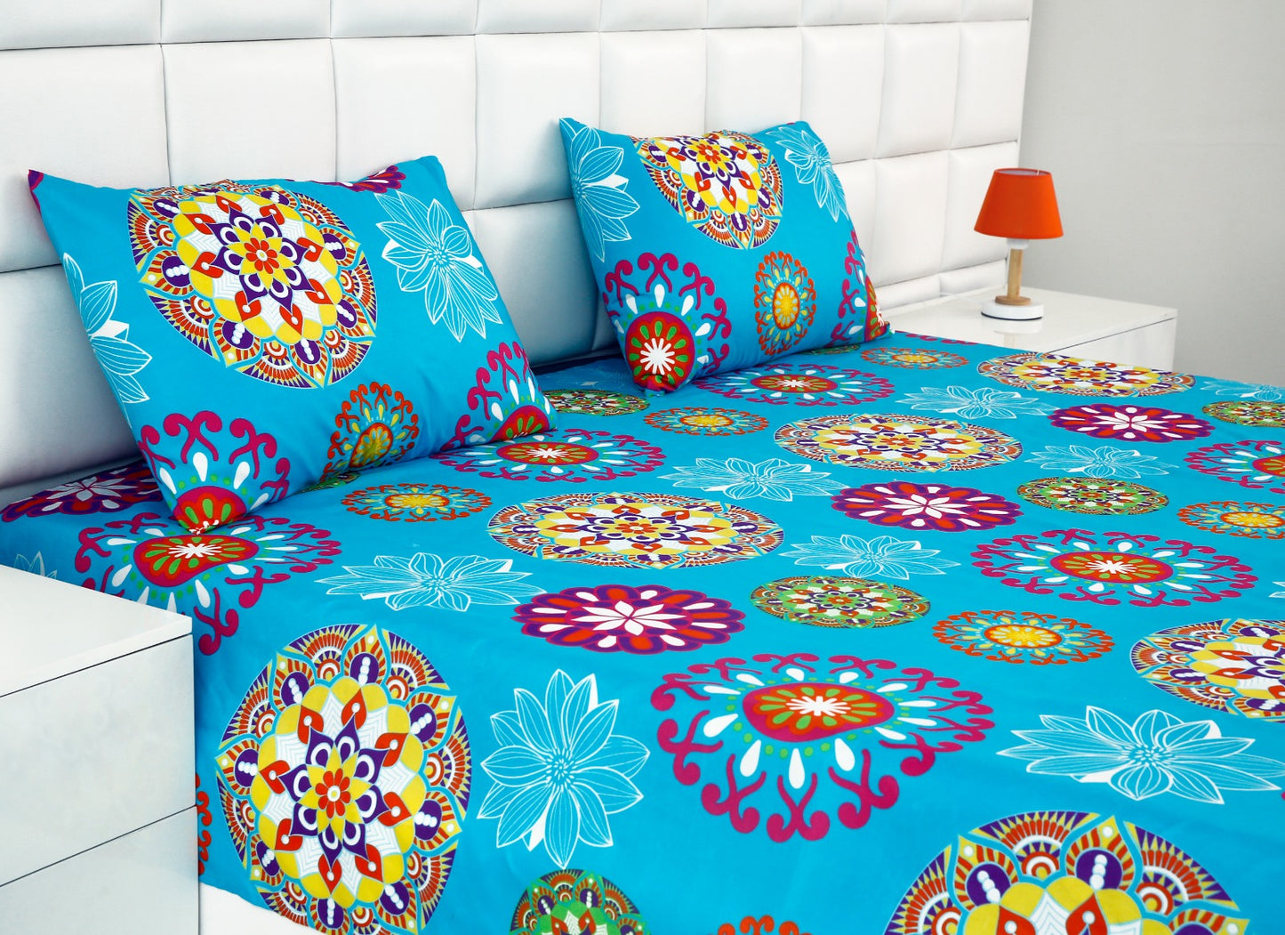 2Pcs Single Bed Sheet- 14864 Turquoise Flower single bed sheet Apricot