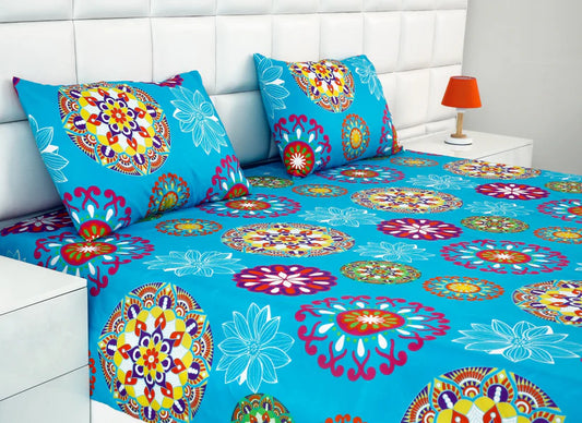 2Pcs Single Bed Sheet- Turqoiuse Flower single bed sheet Apricot