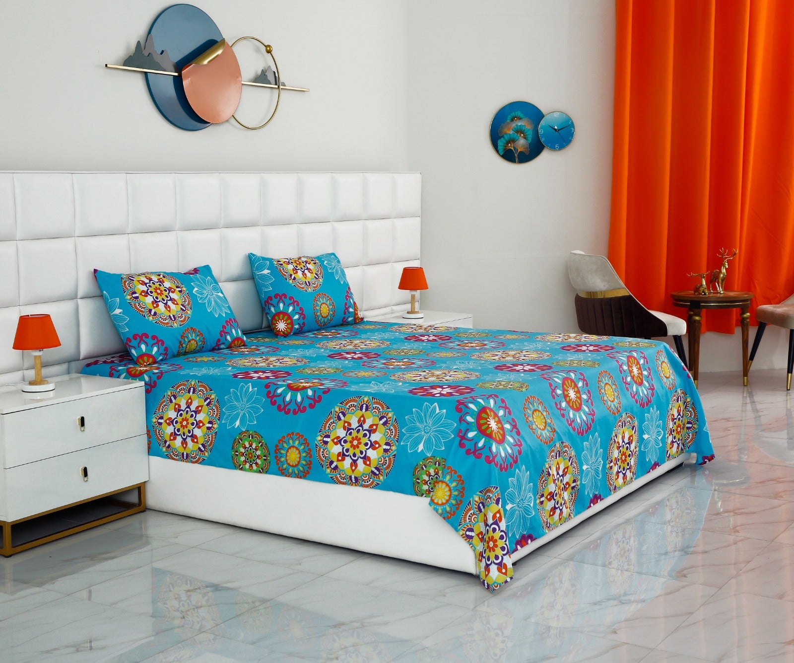 2Pcs Single Bed Sheet-Turquoise Flower single bed sheet Apricot   