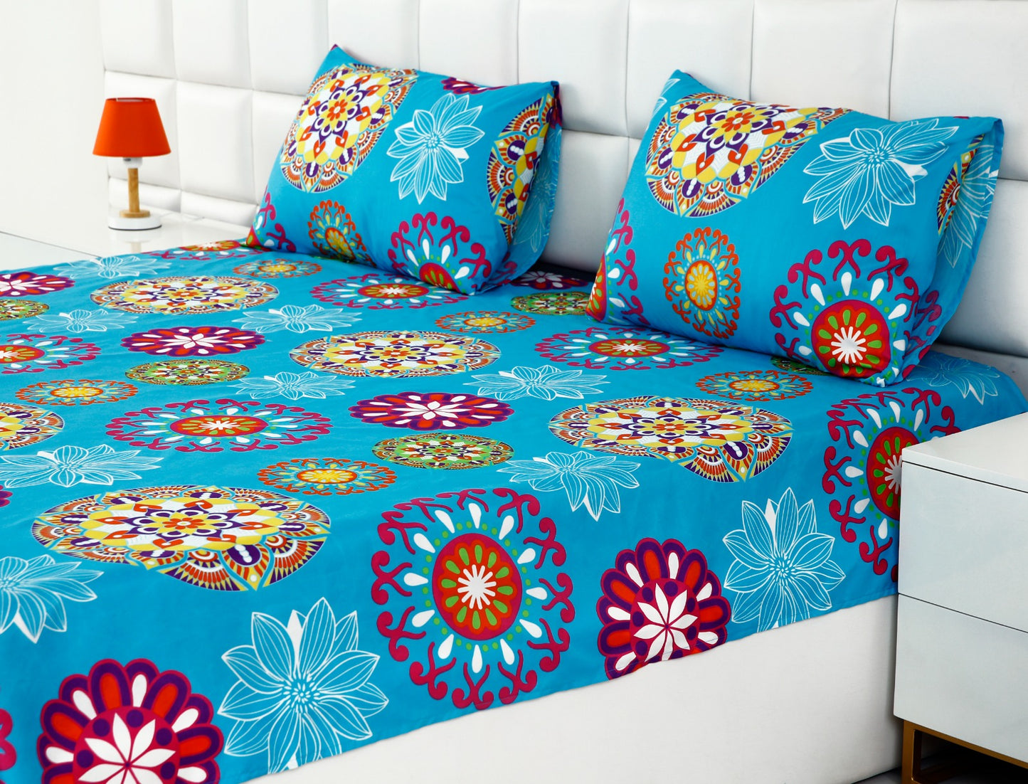 2Pcs Single Bed Sheet- 14864 Turquoise Flower single bed sheet Apricot