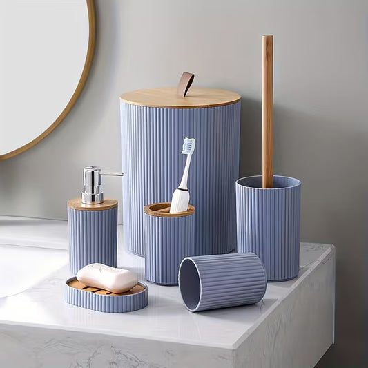 Wooden Lid PVC Bathroom Accessory Set-Stripes With Open Lid(Grey)SA2512-02 Bathroom Accessory Sets Apricot
